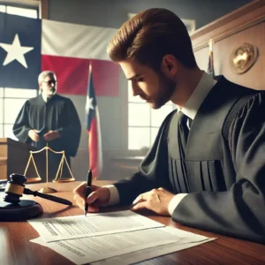 Texas courtroom scene with a judge signing legal documents at a desk, symbolizing justice and law in Texas.